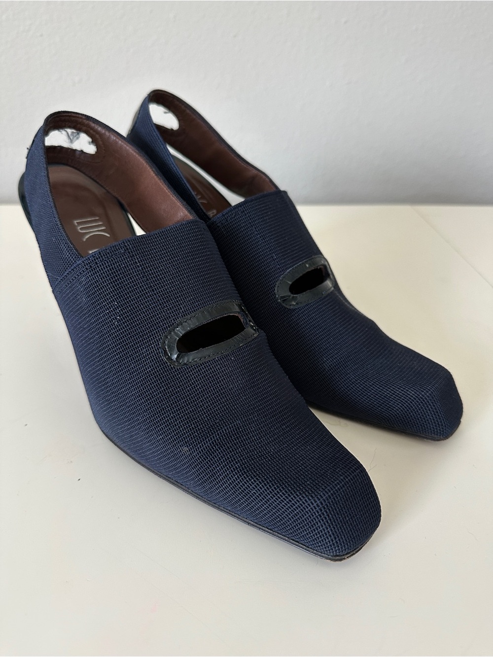 Luc Berjen Luxury Navy Fabric Slingback Pumps